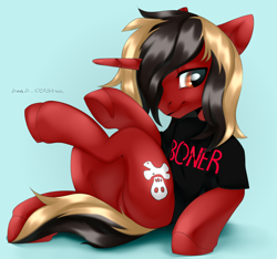 Size: 2000x1875 | Tagged: safe, artist:deadoyster, derpibooru import, pony, unicorn, all time low, butt, clothes, commission, dyed mane, dyed tail, featureless crotch, horn, jack barakat, light blue background, male, plot, ponified, shirt, signature, simple background, sitting, smiling, solo, species swap, stallion, t-shirt, tail, underhoof, ych result