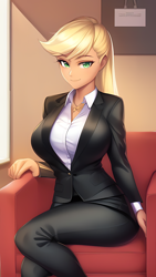 Size: 864x1536 | Tagged: safe, ai content, derpibooru import, editor:sammykun, generator:novelai, generator:stable diffusion, machine learning generated, applejack, human, applerack, big breasts, breasts, business, business suit, chair, clothes, female, humanized, long sleeves, looking at you, prompter:sammykun, shirt, sitting, solo, suit, white shirt