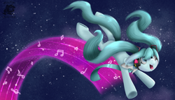 Size: 3500x2000 | Tagged: safe, artist:valemjj, derpibooru import, earth pony, pony, anime, hatsune miku, music notes, ponified, solo, space, species swap, vocaloid