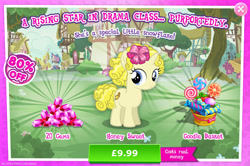 Size: 1962x1301 | Tagged: safe, derpibooru import, idw, pony, unicorn, advertisement, basket, candy, costs real money, english, female, filly, foal, food, gameloft, gem, honey sweet, horn, idw showified, lollipop, mobile game, my little pony: magic princess, numbers, official, sale, solo, text