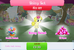 Size: 1266x856 | Tagged: safe, derpibooru import, idw, pony, unicorn, basket, bundle, candy, costs real money, english, female, filly, foal, food, gameloft, gem, honey sweet, horn, idw showified, lollipop, male, mobile game, my little pony: magic princess, numbers, official, sale, solo, text