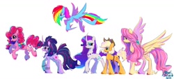 Size: 2048x924 | Tagged: safe, artist:petaltwinkle, derpibooru import, applejack, fluttershy, pinkie pie, rainbow dash, rarity, twilight sparkle, unicorn twilight, earth pony, pegasus, pony, unicorn, eye clipping through hair, female, flying, glasses, height difference, jewelry, mane six, mare, necklace, physique difference, pronking, simple background, spread wings, unshorn fetlocks, white background, wings