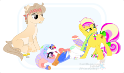 Size: 1700x1000 | Tagged: safe, artist:princeofrage, derpibooru import, oc, oc only, oc:maxum, oc:patchesfrancesdoodlepancakeknickerbackervii, oc:strawberry b!tchcake, earth pony, pony, adoption, bits, bow, clothes, clown, clown makeup, clown nose, dragging, earth pony oc, group, hair bow, hat, headband, jester, jester hat, jingle bells, ponysona, red nose, simple background, tail, tail bow, toothpick, underhoof