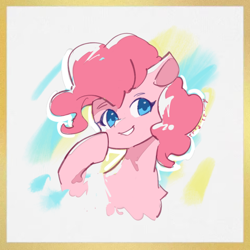 Size: 960x960 | Tagged: safe, artist:lendftcn, derpibooru import, pinkie pie, earth pony, pony, abstract background, border, bust, colored pupils, female, grin, mare, smiling, solo