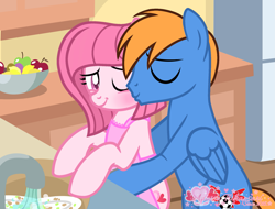 Size: 2079x1578 | Tagged: safe, artist:tanahgrogot, derpibooru import, oc, oc only, oc:annisa trihapsari, oc:rozyfly, earth pony, pegasus, pony, apple, base used, blushing, eyes closed, food, homework, kissing, one eye closed, shipping