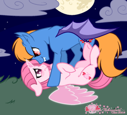 Size: 1000x900 | Tagged: safe, artist:tanahgrogot, derpibooru import, oc, oc only, oc:annisa trihapsari, oc:rozyfly, bat pony, earth pony, pegasus, pony, undead, vampire, base used, blushing, ears, floppy ears, magic, night, shipping