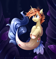 Size: 1862x1979 | Tagged: safe, artist:buvanybu, derpibooru import, oc, oc only, oc:mythic blade, seapony (g4), unicorn, bubble, cloven hooves, commission, crepuscular rays, digital art, dorsal fin, fin, fish tail, flowing mane, flowing tail, gem, glowing, high res, horn, male, mermay, ocean, red mane, seaponified, solo, species swap, stallion, swimming, tail, underwater, unicorn oc, water