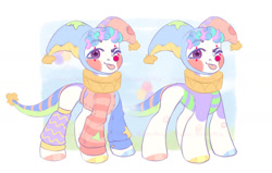 Size: 1280x812 | Tagged: safe, artist:maximkoshe4ka, derpibooru import, oc, oc only, oc:patchesfrancesdoodlepancakeknickerbackervii, pony, ;p, clothes, clown, clown makeup, hat, jester, jester hat, jester motley, male, one eye closed, simple background, solo, sweater, tongue, tongue out