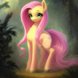 Size: 512x512 | Tagged: safe, ai content, derpibooru import, generator:purplesmart.ai, generator:stable diffusion, machine learning assisted, machine learning generated, fluttershy, pegasus, pony, cute, ear fluff, ears, fluffy, forest, grass, green eyes, pink mane, prompter:saltyvity, smiling, solo, sparkles, tree