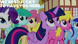 Size: 2000x1125 | Tagged: safe, derpibooru import, edit, edited screencap, editor:quoterific, screencap, cherry berry, dizzy twister, minuette, orange swirl, rarity, spring melody, sprinkle medley, twilight sparkle, twilight sparkle (alicorn), alicorn, earth pony, pegasus, pony, unicorn, pinkie pride