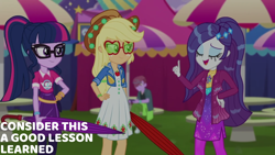 Size: 1920x1080 | Tagged: safe, derpibooru import, edit, edited screencap, editor:quoterific, screencap, applejack, rarity, sci-twi, twilight sparkle, better together, choose your own ending, equestria girls, inclement leather