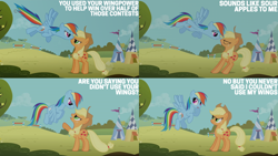 Size: 2000x1125 | Tagged: safe, derpibooru import, edit, edited screencap, editor:quoterific, screencap, applejack, rainbow dash, fall weather friends