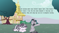 Size: 3265x1837 | Tagged: safe, artist:dipi11, artist:wardex101, derpibooru import, starlight glimmer, twilight sparkle, twilight sparkle (alicorn), alicorn, unicorn, background, bad end, bush, crying, depressed, discorded, discorded starlight, discorded twilight, high res, house, ponyville, sad, scenic ponyville, singing, sobbing, sorrow, story included, tree, twilight tragedy