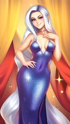 Size: 864x1536 | Tagged: safe, ai content, derpibooru import, editor:sammykun, machine learning generated, trixie, human, equestria girls, bare shoulders, blue dress, breasts, clothes, curvy, dress, hand on hip, humanized, jewelry, long dress, looking at you, necklace, prompter:sammykun, reasonably sized breasts, request, requested art, shiny, sleeveless, slim, smiling, sparkles, teeth, tight clothing, titsie