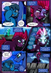 Size: 2480x3508 | Tagged: safe, artist:dsana, derpibooru import, glitter drops, princess luna, spring rain, tempest shadow, oc, oc:lullaby dusk, alicorn, pegasus, pony, unicorn, comic:a storm's lullaby, crying, female, filly, foal, lightning, mare