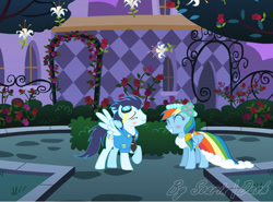 Size: 808x598 | Tagged: safe, artist:soarinldash, derpibooru import, rainbow dash, soarin', pegasus, pony, a canterlot wedding, ^^, blushing, clothes, dancing, eyes closed, female, garden, male, mare, shipping, smiling, soarindash, stallion, straight