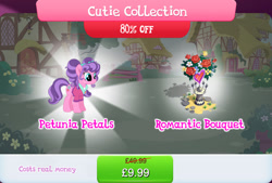 Size: 1263x854 | Tagged: safe, derpibooru import, petunia petals, earth pony, pony, bouquet, bundle, clothes, costs real money, english, female, flower, flower in hair, freckles, gameloft, mare, mobile game, my little pony: magic princess, numbers, official, sale, solo, solo focus, text