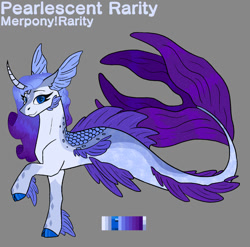 Size: 899x889 | Tagged: safe, artist:kosmicdragonart, derpibooru import, rarity, hybrid, kirin, merpony, seapony (g4), unicorn, blue eyes, blue tail, curved horn, digital art, dorsal fin, ears, eyelashes, female, fin, fins, fish tail, floppy ears, flowing mane, flowing tail, gray background, horn, kirin rarity, looking at you, mare, seaponified, seapony rarity, simple background, smiling, smiling at you, solo, species swap, tail