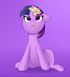 Size: 979x1075 | Tagged: safe, artist:waffletheheadmare, derpibooru import, twilight sparkle, unicorn twilight, pony, unicorn, female, filly, foal, horn, horn impalement, misspelling, paper, silly, silly pony, simple background, sitting, solo, text, tongue, tongue out