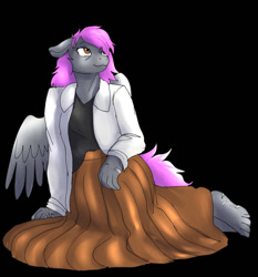 Size: 1192x1280 | Tagged: safe, artist:ketzel99, artist:ketzelfeathers, derpibooru import, oc, oc only, oc:crash dive, anthro, pegasus, barefoot, black background, clothes, coat, dress, feet, female, lab coat, relaxing, scar, simple background, solo