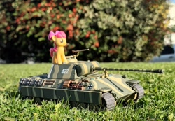 Size: 3309x2294 | Tagged: safe, artist:dingopatagonico, derpibooru import, apple bloom, earth pony, panther tank, photo, solo, tank (vehicle), toy