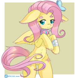 Size: 3000x3000 | Tagged: safe, artist:fd, derpibooru import, fluttershy, butterfly, pegasus, pony, :3, bandage, bandaged hoof, bandaged leg, bipedal, colored eyebrows, colored hooves, colored lineart, colored pupils, ears, eyebrows, eyelashes, feathered wings, female, floppy ears, hoof fluff, long mane, long tail, loose hair, mare, nya, pink mane, raised hooves, simple background, solo, tail, wings, yellow coat