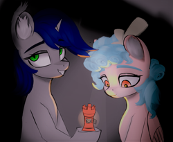 Size: 1221x1003 | Tagged: safe, artist:houl2902, derpibooru import, cozy glow, oc, pegasus, pony, unicorn, duo, fanfic art, lantern, smiling