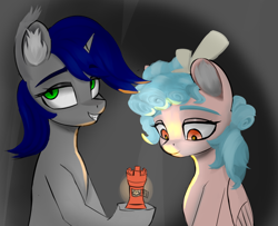 Size: 1258x1019 | Tagged: safe, artist:houl2902, derpibooru import, cozy glow, oc, bat pony, duo, fanfic art, lantern, smiling