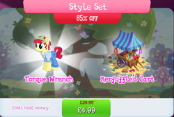 Size: 1268x853 | Tagged: safe, derpibooru import, torque wrench, earth pony, pony, bundle, clothes, costs real money, engrish, female, gameloft, mare, mobile game, my little pony: magic princess, numbers, official, overalls, sale, solo, solo focus, text