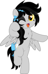 Size: 3249x5000 | Tagged: safe, alternate version, artist:jhayarr23, derpibooru import, oc, oc only, oc:lightning dee, pegasus, pony, :3, bipedal, bow, butt fluff, chest fluff, colored sclera, commission, dyed mane, eyeshadow, fangs, female, hair bow, kitty face, looking at you, makeup, mare, one eye closed, open mouth, raised hoof, raised leg, simple background, solo, spread wings, tail, tail bow, transparent background, wings, wink, ych result