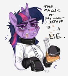 Size: 1710x1899 | Tagged: safe, artist:feelinnglad, derpibooru import, twilight sparkle, unicorn, .mov, alcohol, beer, blushing, clothes, crying, drunk, pony.mov, simple background, solo