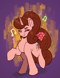 Size: 2132x2744 | Tagged: safe, artist:witchtaunter, derpibooru import, oc, pony, unicorn, 50s, bow, chest fluff, commission, cute, dancing, ear fluff, ears, eyes closed, female, happy, mare, music notes, simple background, smiling, solo, tail, tail bow
