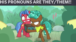 Size: 750x422 | Tagged: safe, derpibooru import, edit, edited screencap, screencap, biscuit, spur, pony, growing up is hard to do, accidental misgendering, caption, duo, his pronouns are they/them, image macro, meme, protecting, shitposting, text