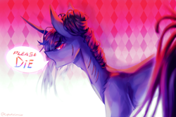 Size: 3000x2000 | Tagged: safe, artist:prettyshinegp, derpibooru import, oc, oc only, pony, unicorn, abstract background, adam's apple, angry, horn, injured, leg fluff, looking back, scar, signature, solo, sternocleidomastoid, stitches, talking, thin, unicorn oc