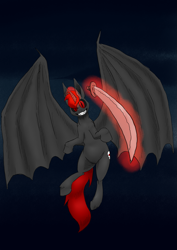 Size: 905x1280 | Tagged: safe, artist:darkhestur, derpibooru import, oc, oc only, oc:edgelord666, alicorn, alicorn oc, black sclera, cringe oc, dragon wings, fangs, flying, horn, katana, magic, simple background, skull cutie mark, slit eyes, smiling, solo, sword, weapon, wings