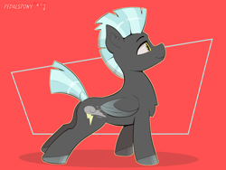 Size: 4000x3000 | Tagged: safe, artist:pedalspony, derpibooru import, thunderlane, pegasus, pony, abstract background, butt, chest fluff, colored hooves, concave belly, folded wings, hooves, looking up, male, plot, red background, side view, signature, simple background, smiling, solo, stallion, standing, wings