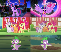 Size: 2506x2115 | Tagged: safe, derpibooru import, editor:incredibubbleirishguy, screencap, apple bloom, scootaloo, spike, sweetie belle, twilight sparkle, twilight sparkle (alicorn), unicorn twilight, alicorn, dragon, earth pony, pegasus, unicorn, crusaders of the lost mark, magical mystery cure, molt down, season 3, season 5, season 8, spike at your service, apple bloom's cutie mark, comparison, cutie mark crusaders, female, filly, foal, male, scootaloo's cutie mark, sweetie belle's cutie mark, the cmc's cutie marks, then and now, winged spike, wings
