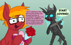 Size: 2508x1596 | Tagged: safe, alternate version, artist:moonatik, derpibooru import, oc, oc only, oc:moonatik, changeling, pegasus, pony, abstract background, angry, bouquet, box of chocolates, confused, dialogue, duo, flower, glasses, gun, hair bun, male, meme, mp 40, pegasus oc, ponified, ponified meme, rose, stallion, submachinegun, weapon