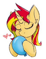 Size: 446x582 | Tagged: safe, anonymous artist, derpibooru import, sunset shimmer, pony, unicorn, balloon, eyes closed, female, heart, holding, kissing, simple background, solo, that pony sure does love balloons, white background