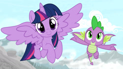 Size: 1918x1080 | Tagged: safe, artist:cloudy glow, artist:surprisepi, derpibooru import, spike, twilight sparkle, twilight sparkle (alicorn), alicorn, dragon, pony, duo, female, flying, male, winged spike, wings