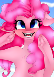 Size: 1200x1700 | Tagged: safe, artist:mynameislele, derpibooru import, pinkie pie, earth pony, pony, ears, female, floppy ears, frog (hoof), hoofbutt, mare, smiling, solo, underhoof