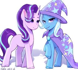 Size: 2000x1800 | Tagged: safe, artist:xiaowu07, derpibooru import, starlight glimmer, trixie, pony, unicorn, g4, cape, clothes, cute, duo, duo female, eyeshadow, female, hat, looking at someone, looking at you, makeup, mare, raised hoof, raised leg, signature, simple background, smiling, trixie's cape, trixie's hat, white background
