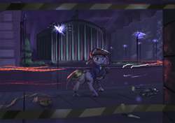 Size: 3211x2258 | Tagged: safe, artist:ciborgen, derpibooru import, oc, oc only, earth pony, pony, broken glass, butt, cake, camera, cap, city, crime scene, female, flat cap, food, hat, high res, looking at you, looking back, looking back at you, mare, night, plot, police tape, solo