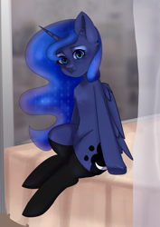 Size: 2508x3541 | Tagged: safe, artist:etter, derpibooru import, princess luna, alicorn, pony, chest fluff, clothes, female, horn, looking at you, mare, sitting, socks, solo, stockings, thigh highs, wings