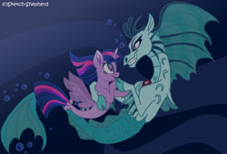 Size: 1280x871 | Tagged: safe, artist:sketch-shepherd, derpibooru import, sonata dusk, twilight sparkle, twilight sparkle (alicorn), alicorn, seapony (g4), siren, blue background, bubble, digital art, dorsal fin, eyelashes, female, fin, fin wings, fins, fish tail, flowing mane, flowing tail, gem, grin, horn, lesbian, looking at each other, looking at someone, mare, ocean, open mouth, open smile, purple eyes, scales, seaponified, seapony twilight, shipping, simple background, smiling, smiling at each other, species swap, swimming, tail, teeth, twinata, underwater, water, wings