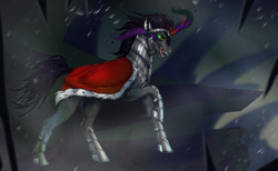 Size: 2048x1260 | Tagged: safe, alternate version, artist:crypkit, artist:tay relic, derpibooru import, king sombra, pony, umbrum, unicorn, fangs, high res, jewelry, male, regalia, snow, snowfall, solo, sombra eyes, stallion