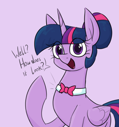 Size: 1190x1272 | Tagged: safe, artist:moonatik, derpibooru import, twilight sparkle, twilight sparkle (alicorn), alicorn, pony, abstract background, alternate hairstyle, bowtie, colored sketch, cute, female, hair bun, mare, open mouth, open smile, pun, sketch, smiling, solo, talking to viewer, visual pun