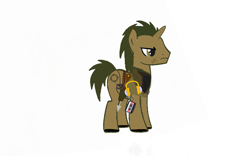 Size: 2800x1752 | Tagged: safe, artist:pvz_bluewing_17, derpibooru import, oc, oc only, oc:glowing arrow, pony, unicorn, arrow, bandolier, boots, brown eyes, clothes, coat, crosshair, headphones, holster, horn, male, scar, shoes, simple background, solo, solo male, stallion, tail, unicorn oc, walkman, white background