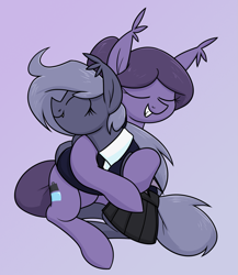 Size: 1275x1467 | Tagged: safe, artist:moonatik, derpibooru import, oc, oc only, oc:arlia, oc:selenite, bat pony, pony, abstract background, bat pony oc, clothes, cuddling, cute, fanfic art, fangs, female, hair bun, hug, mare, mother and child, mother and daughter, necktie, parent and child, ponytail, school uniform, shirt, skirt, smiling, solo