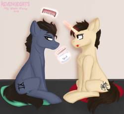 Size: 1562x1429 | Tagged: safe, artist:revenge.cats, derpibooru import, earth pony, pony, unicorn, blushing, comb, duo, gay, ice nine kills, magic, magic aura, male, ponified, ricky armellino, sitting, species swap, spencer charnas, tongue, tongue out